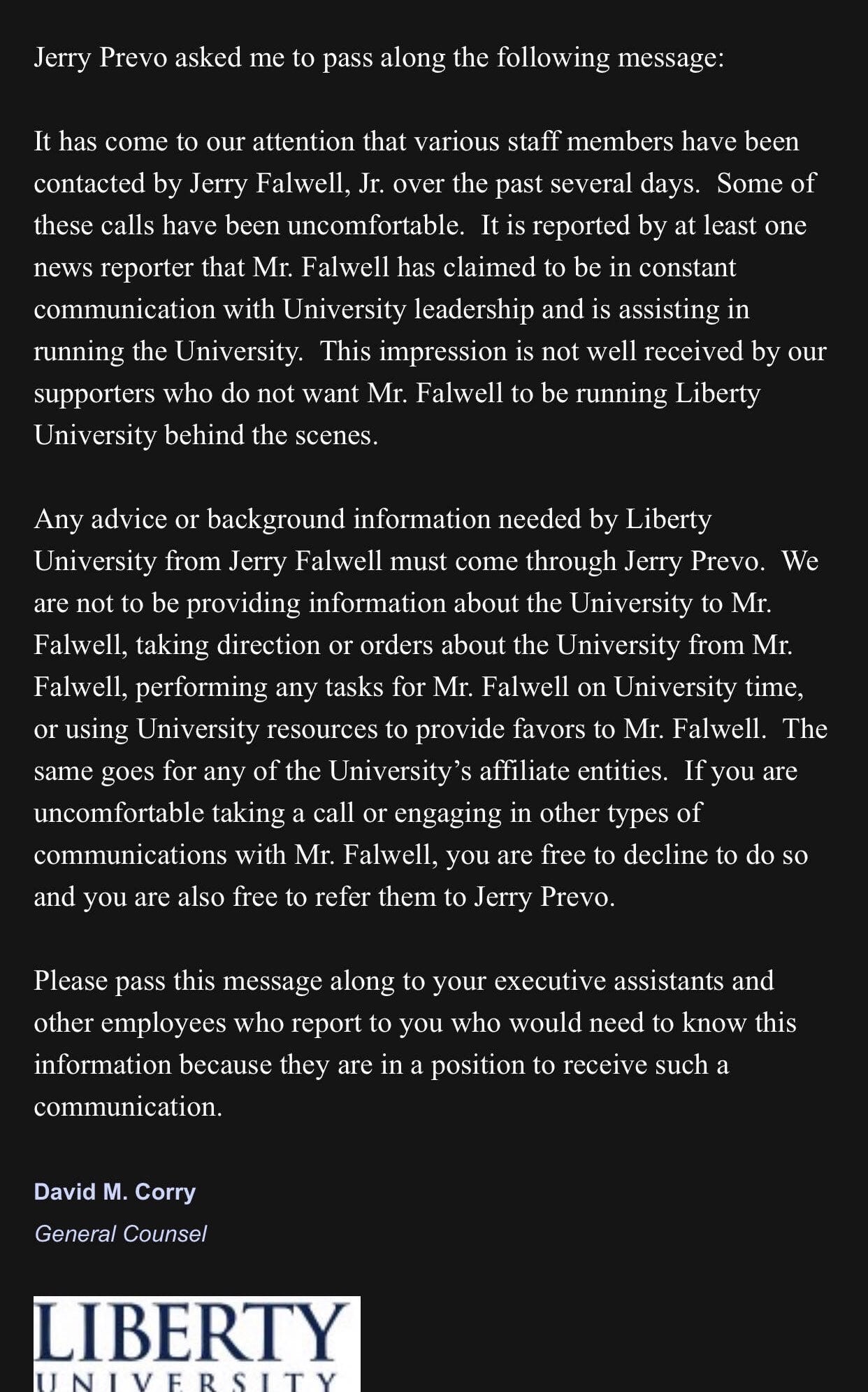 David Corry Letter About Falwell